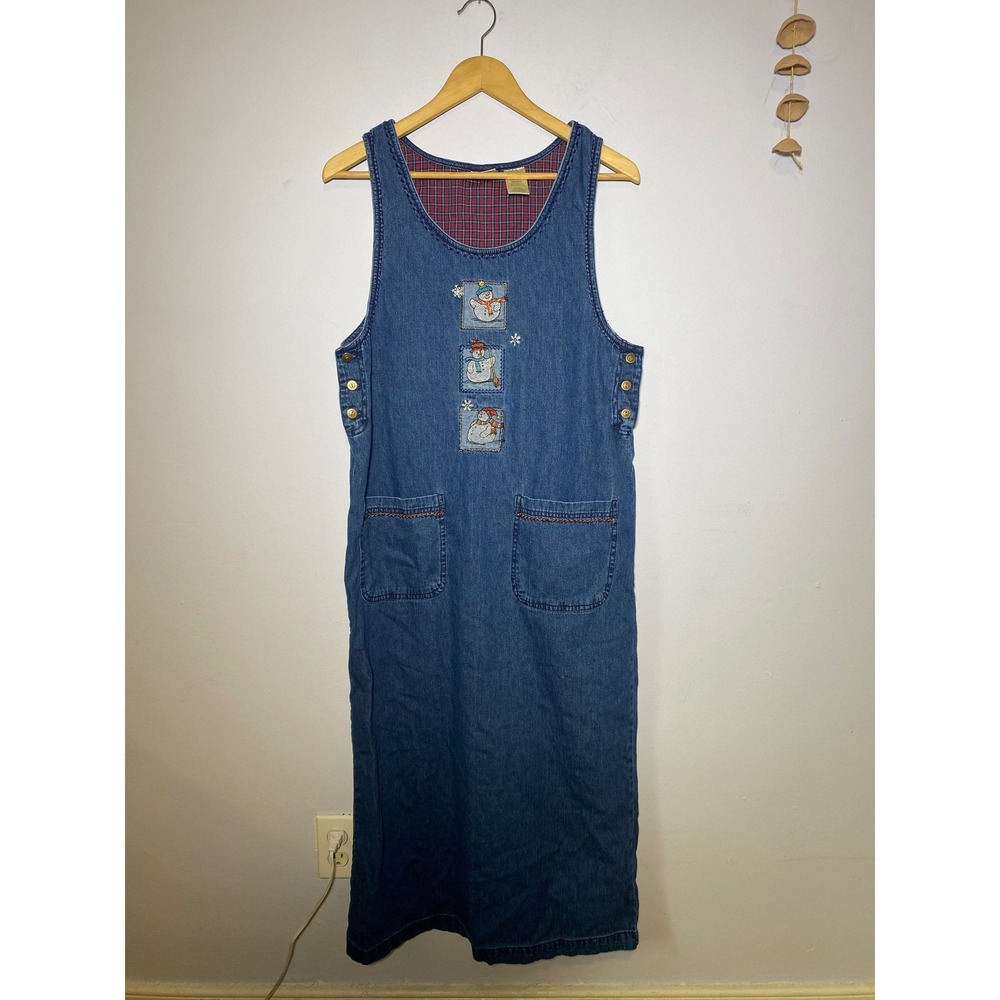 Blue Bobbie Brooks Denim Jumper Dress Snowman Embroidery Plaid Medium Women